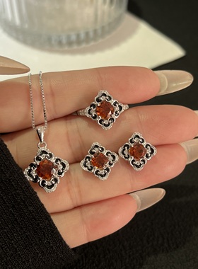 复古黄水晶S925银花朵首饰套装女