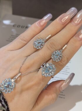 S925银托帕石戒指吊坠套装花朵款
