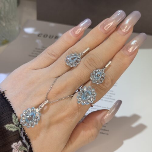 S925银托帕石戒指吊坠套装花朵款