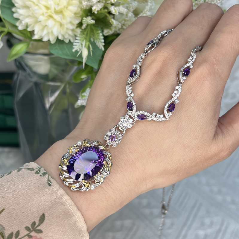 天然紫水晶吊坠项链女s925纯银镶嵌大克拉欧美轻奢送女友礼物饰品