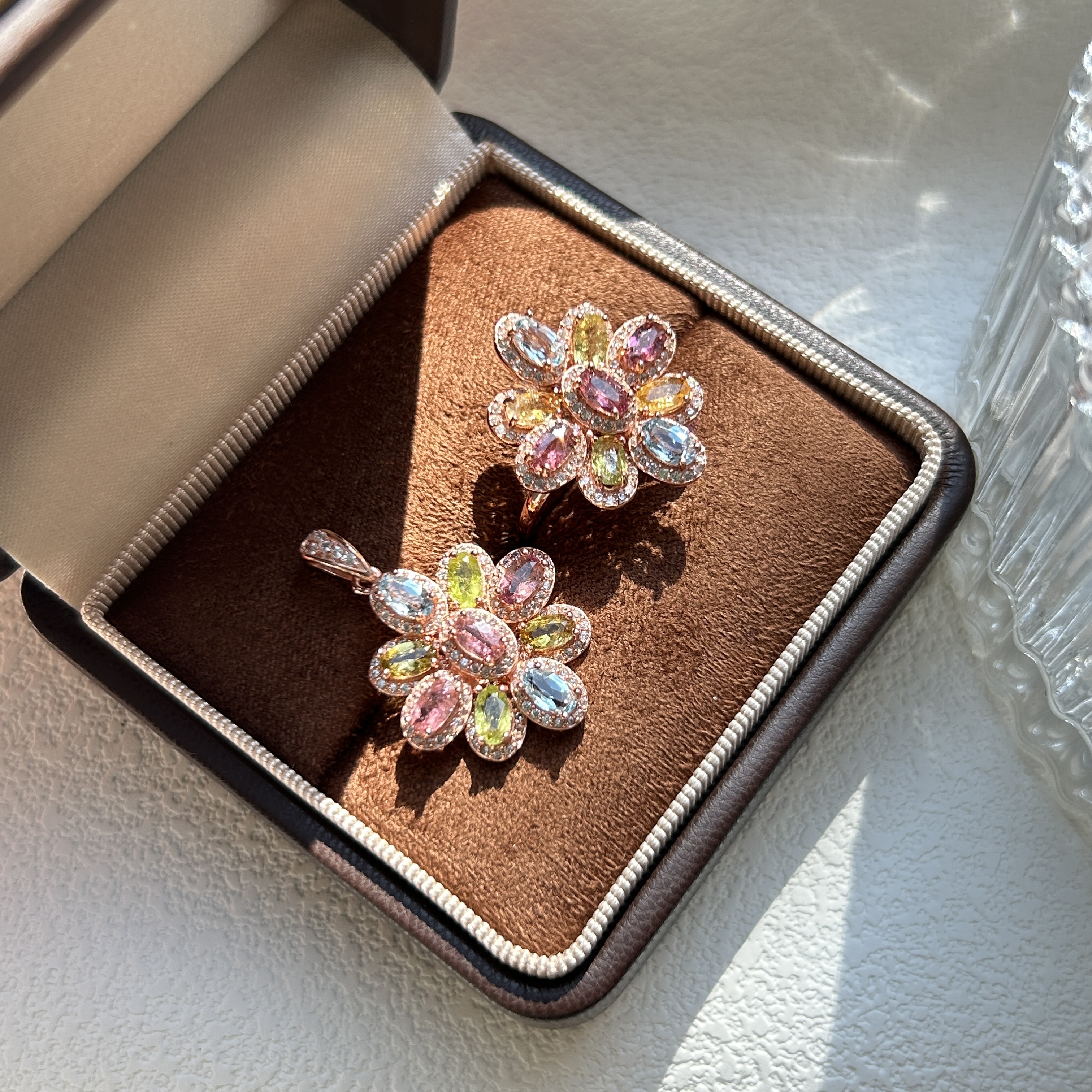 天然彩色碧玺戒指套装女花朵款