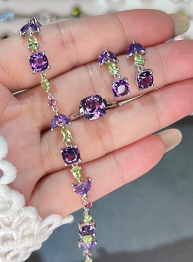 天然紫水晶手链耳环套装女精致银