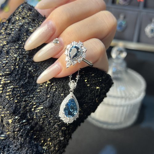 天然伦敦蓝托帕石吊坠戒指套装女S925银镶嵌精致水滴日常款送女生