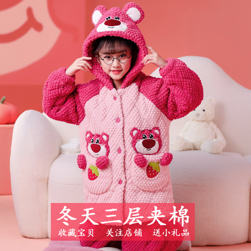 女童睡衣三层夹棉小女孩卡通冬季