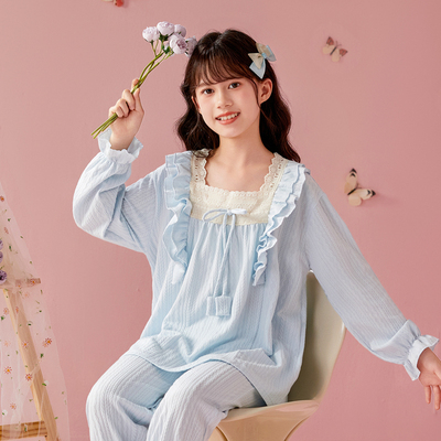 女童长袖睡衣高端纯棉公主风纯色