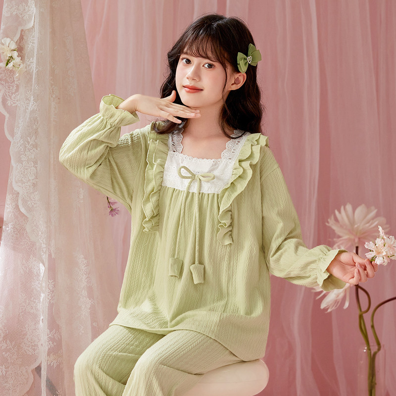 女童睡衣长袖保暖公主风花边2026春秋季母女装大童宝宝纯棉家居服
