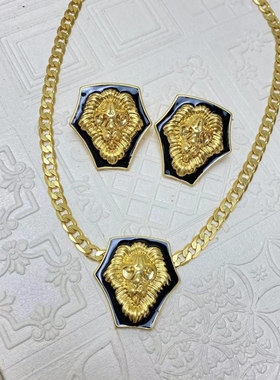 中复古轻奢镀金个性动物银针耳饰vintage黑边不规则狮子夸张项链