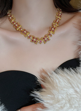 vintage中古镶钻花朵珍珠项链气质复古宫廷风锁骨链重工轻奢项饰