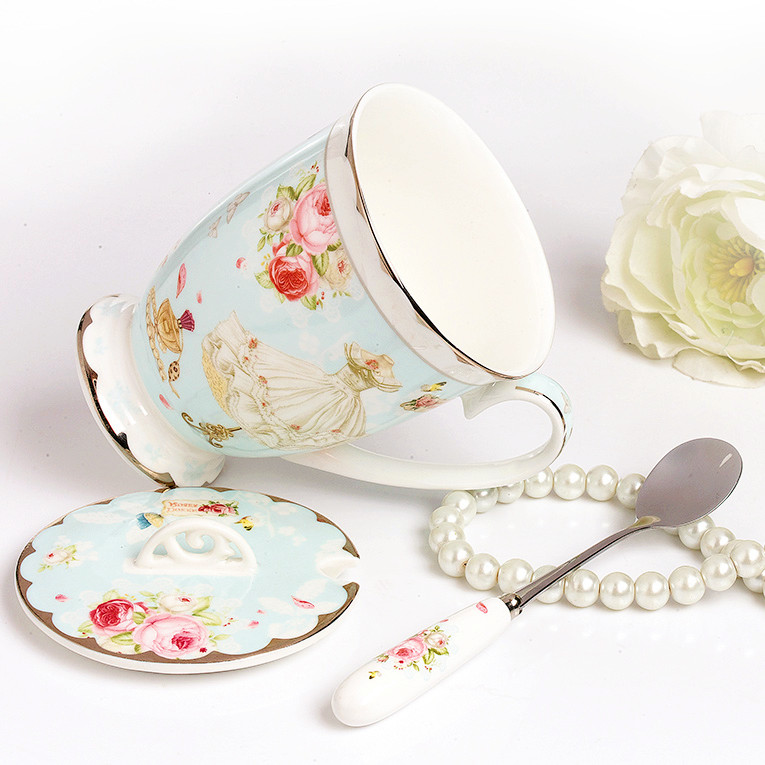 创意陶瓷杯子复古女士水杯马克杯带盖勺田园欧式骨瓷咖啡杯高颜值