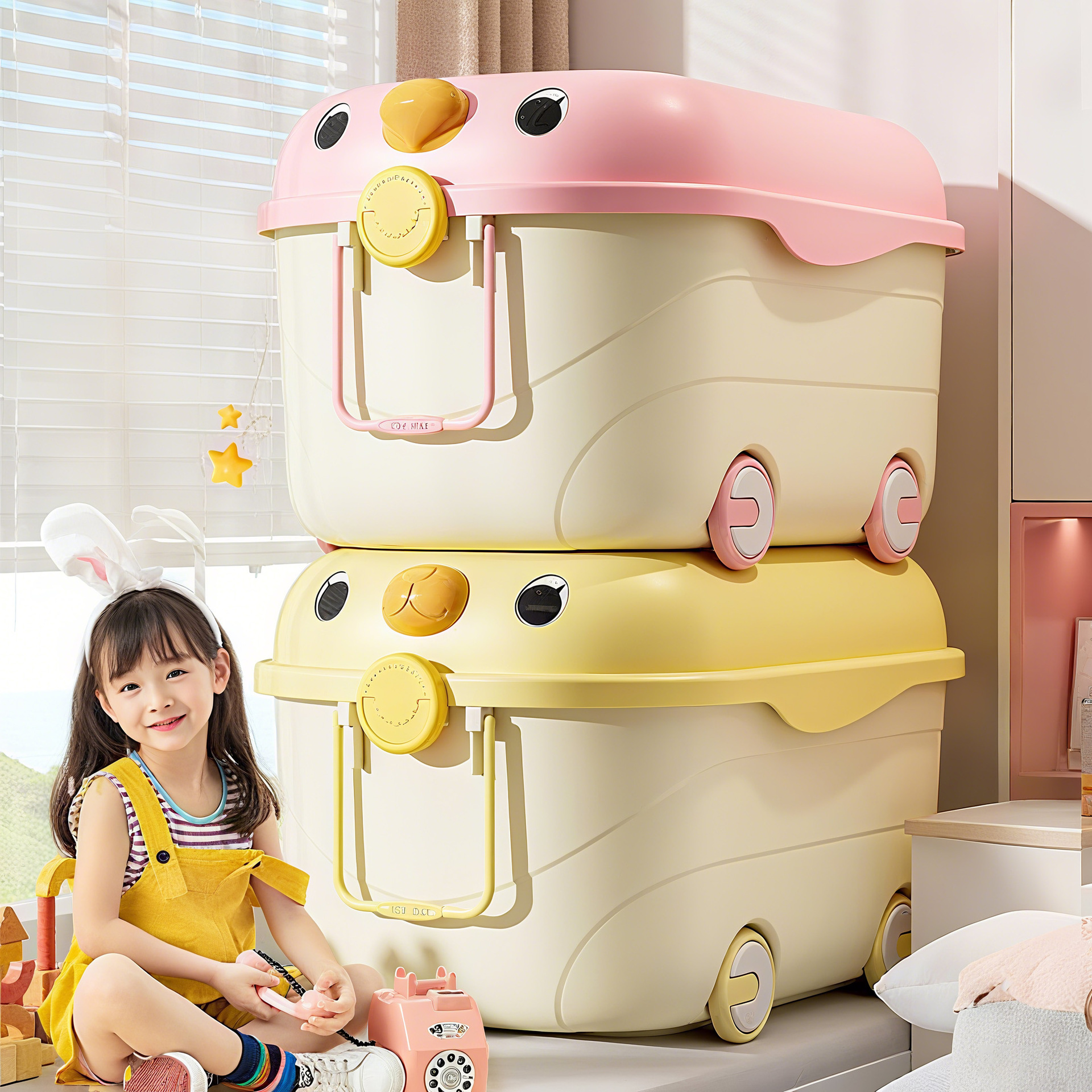 儿童玩具收纳箱家用宝宝衣服零食收纳储物箱塑料收纳盒带滑轮箱子