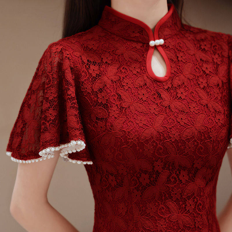 旗袍敬酒服新娘夏季平时可穿酒红色结婚订婚回门礼服连衣裙遮手臂