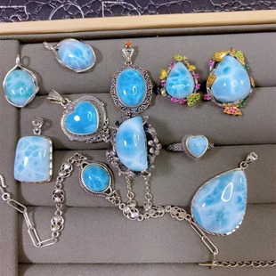 925纯银精选拉利玛海纹石吊坠戒指手链手串意大利工艺镶嵌可送礼