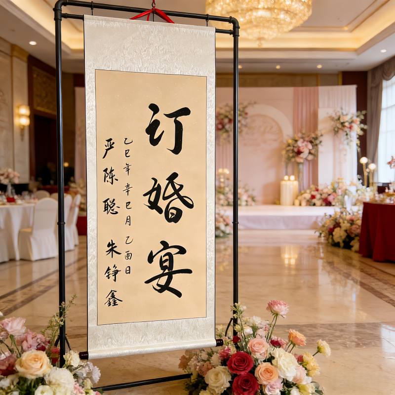 手写订婚宴高级卷轴定制婚书聘书装饰布置空白婚庆挂布迎宾牌道具