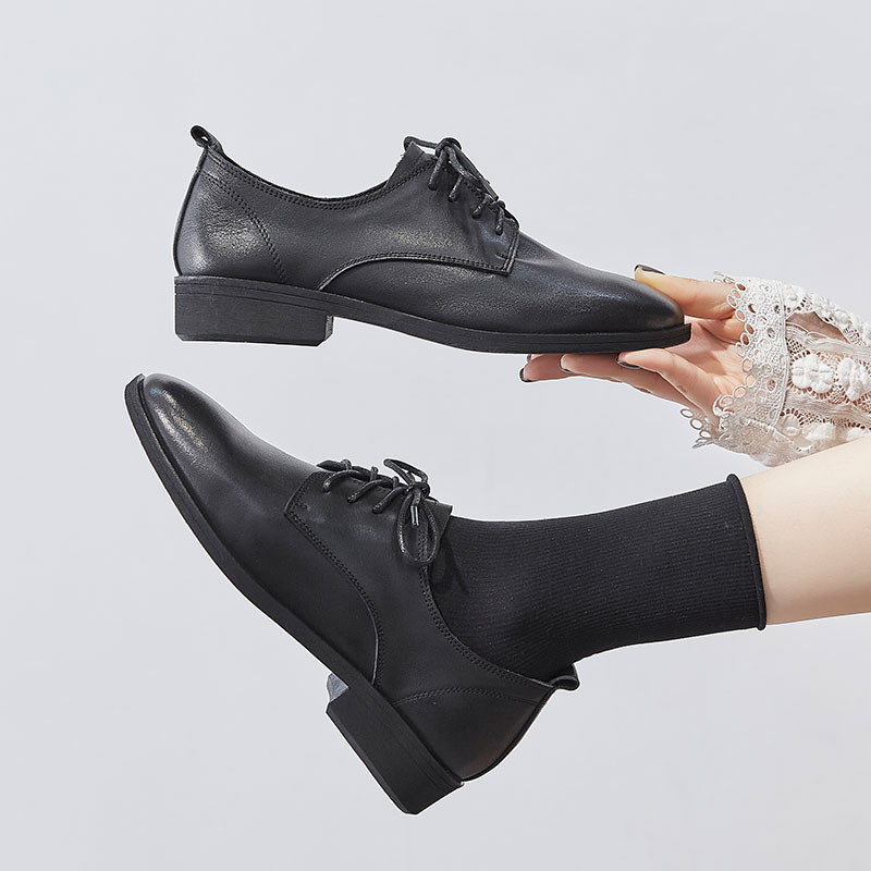 粗跟系带春季圆头复古风小皮鞋