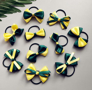 女童上学墨绿黄色绸缎儿童发饰女孩可爱发圈纯手工缎带蝴蝶结发绳