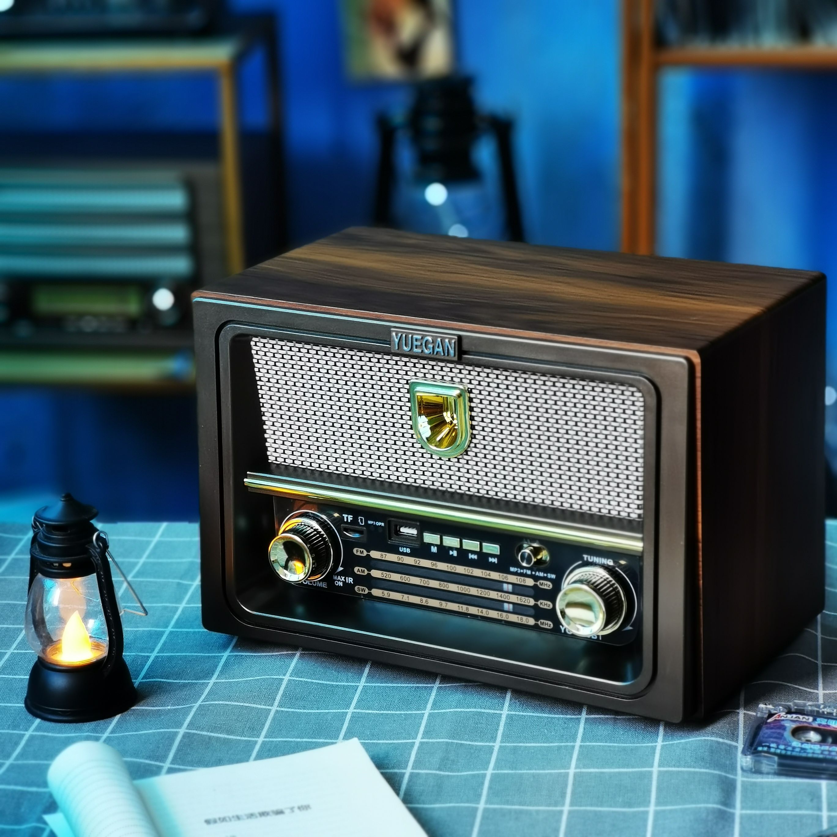 台式复古老人收音机调频中波短波大音量交流电蓝牙插卡音箱木制