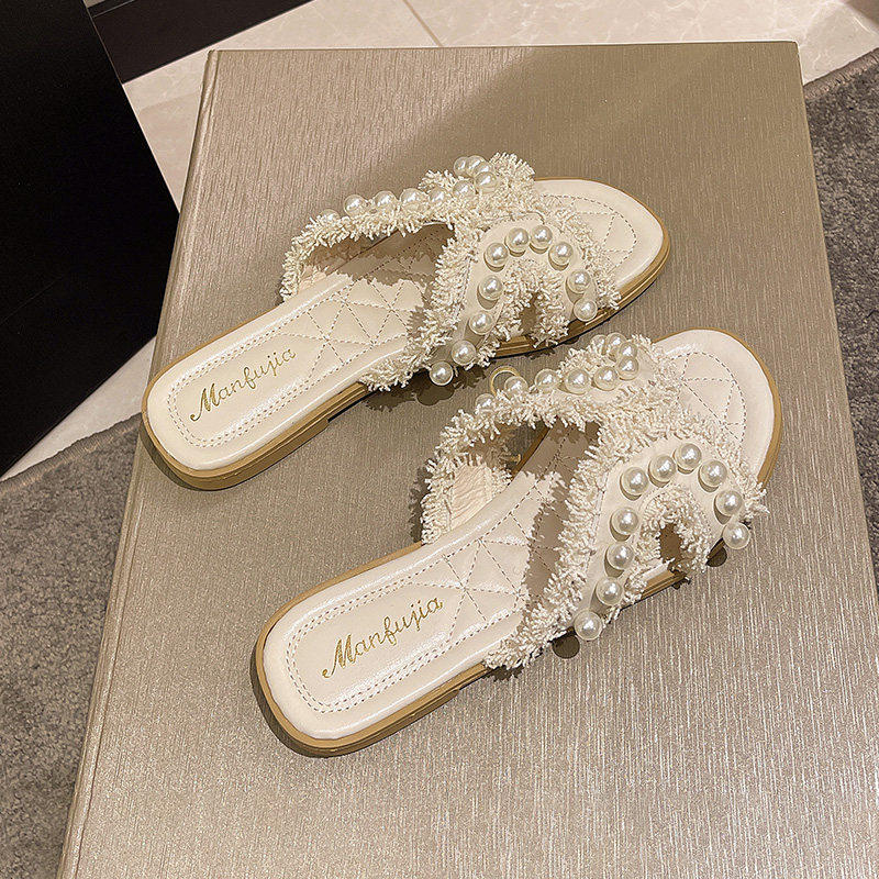 日本代购小香风珍珠一字拖女生夏季外穿小众设计感海边沙滩凉拖鞋,女鞋,一字拖,淘宝优惠券,粉丝福利购,淘宝优惠卷