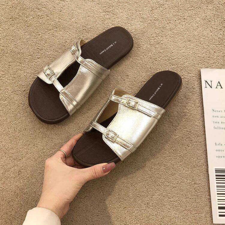 日本休闲一字带露趾平底凉拖女夏