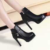 马丁靴女防水台短靴2024秋冬新款 细跟 性感黑色百搭圆头显瘦高跟鞋