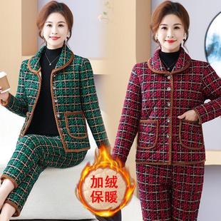 加绒加厚两件套2024新款 棉衣棉裤 洋气格子套装 中老年妈妈棉袄冬季