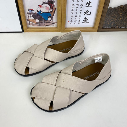 软皮软底真皮女鞋2025夏季新款平底编织猪笼鞋不累脚森系罗马凉鞋