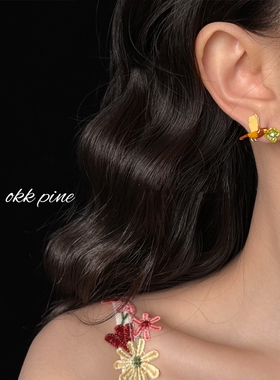 okk pine 原创设计师款耳夹民族工艺珐琅滴釉~彩绘森系飞鸟耳钉女