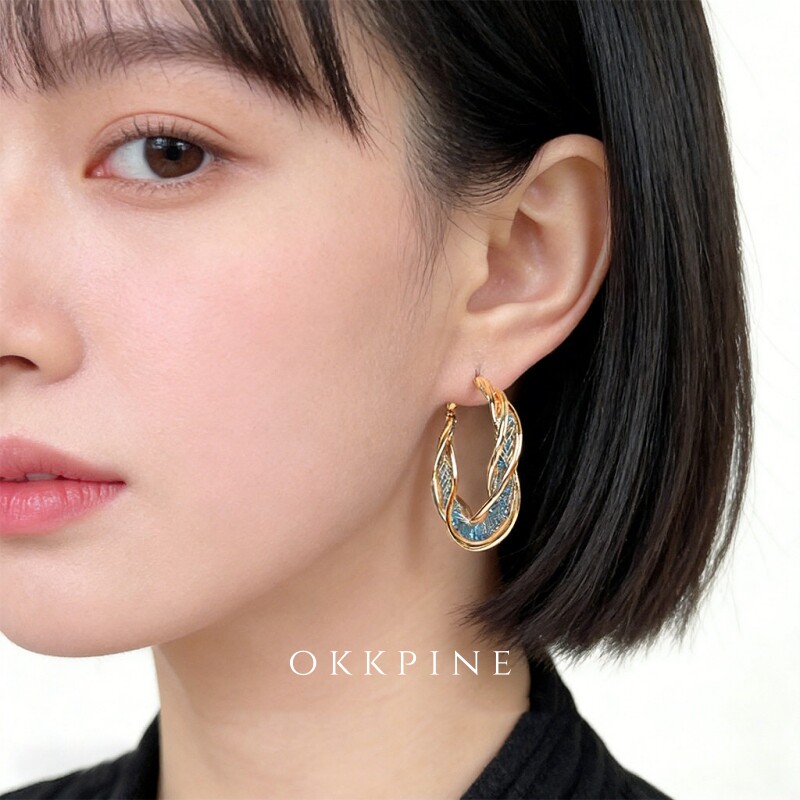 okk pine 野心家~时尚几何麻花耳饰海蓝宝色锆石水晶耳圈气质耳环