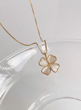 okk pine 韩系简约风玻璃猫眼石幸运草气质锁骨链李兰迪同款项链