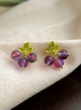 okk pine 沈月同款耳钉手作紫葡萄串珠耳环清新甜美紫色少女耳饰