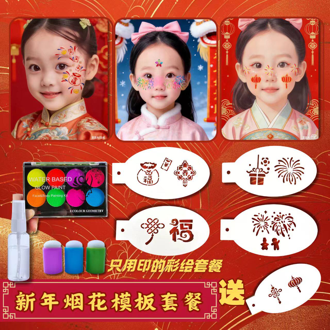 2026新年马年春节儿童彩绘模板元宝烟花醒狮中国结镂空拓印绘画板