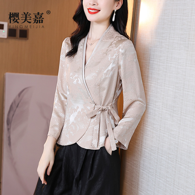 樱美嘉冠乐绉真丝上衣女长袖交叉领系带收腰中国风桑蚕丝复古别致