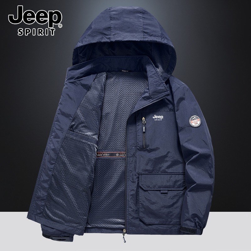 Jeep吉普春季薄款多口袋外套男防风防水冲锋上衣大码工装户外夹克