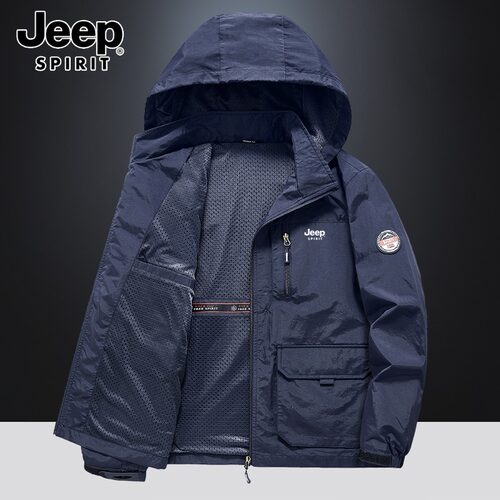 Jeep吉普春季薄款多口袋外套男防风防水冲锋上衣大码工装户外夹克