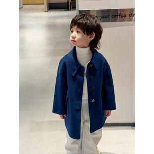 男童毛呢外套2025秋冬装深蓝色加厚儿童双面羊绒大衣韩版帅气洋气