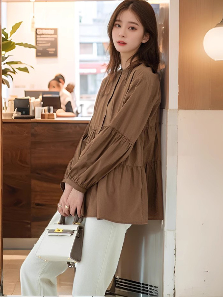 초가을 순면 인형 셔츠 출산 셔츠 중간 길이 대형 느슨한 긴팔 봄 가을 탑 한국식 셔츠