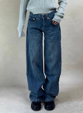 TheDINA2025秋冬新款复古竖纹水洗加绒加厚直筒裤子低腰牛仔裤女