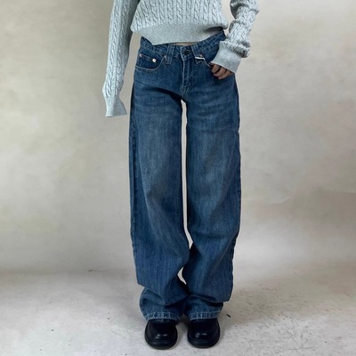 秋冬复古竖纹加绒低腰直筒裤