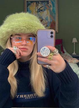 The DINA| 定制Rihanna同款绿色毛绒盆帽仿兔毛帽子大头围显脸小