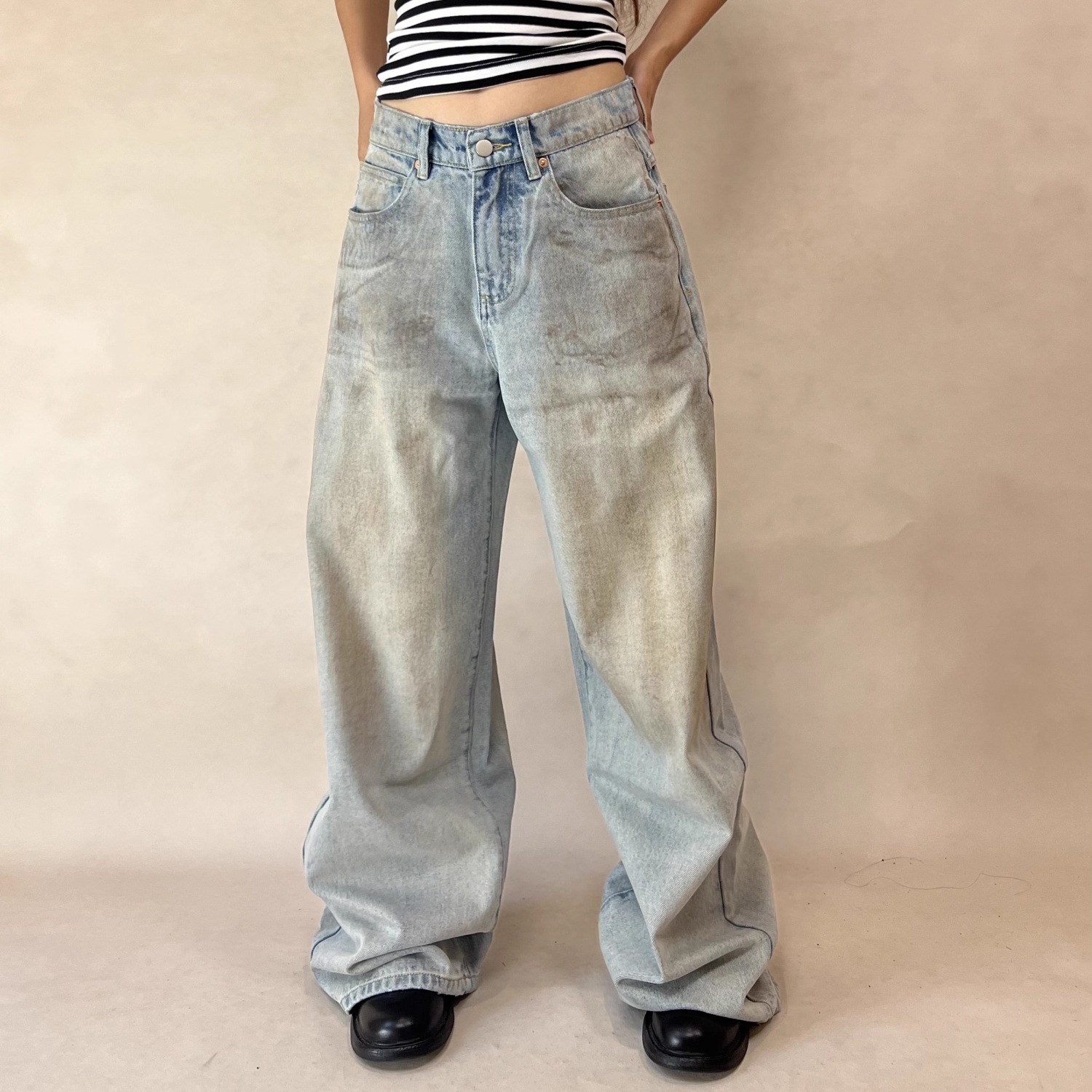 TheDINA|2025新款美式vibe脏染泥染做旧直筒宽松高腰阔腿牛仔裤