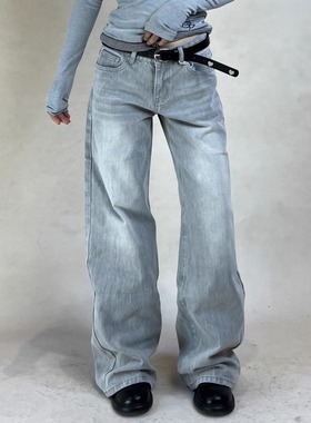 TheDINA2025秋新款美式摩卡灰色梨形宽松直筒低腰阔腿牛仔裤女