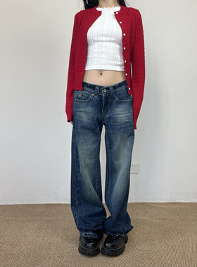 TheDINA做旧复古蓝刺绣直筒牛仔裤女2025新款低腰显瘦宽松拖地裤