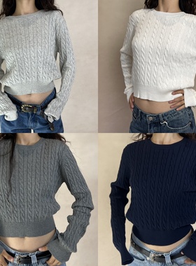 TheDINA|2025秋季同款美式复古时尚经典纯色绞花麻花圆领长袖毛衣