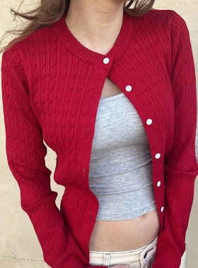 TheDINA|2025秋季新款高克重绞花开衫百搭圣诞红麻花毛衣针织衫女