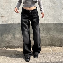 TheDINA2025新款美式复古黑色水洗直筒低腰显瘦宽松拖地牛仔裤女