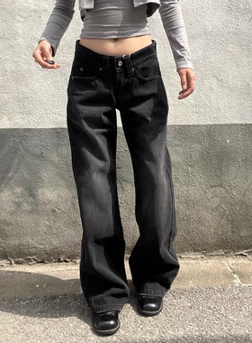 TheDINA2025新款美式复古黑色水洗直筒低腰显瘦宽松拖地牛仔裤女