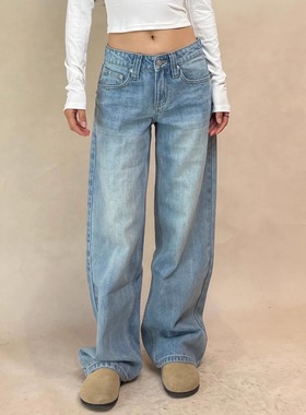 TheDINA2025秋冬新款复古浅蓝竖纹阔腿显瘦直筒裤子低腰牛仔裤女