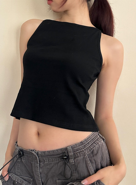 2025秋新款复古美式辣妹极简纯色短款细肩带无袖黑色背心内搭上衣