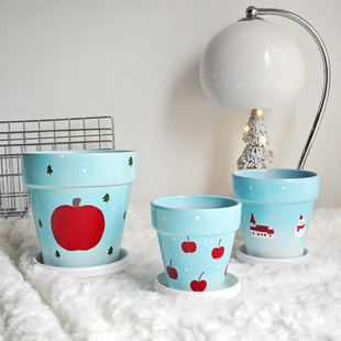 植想手绘圣诞苹果红陶创意吸水透气绿植多肉球兰热植室内礼物花盆