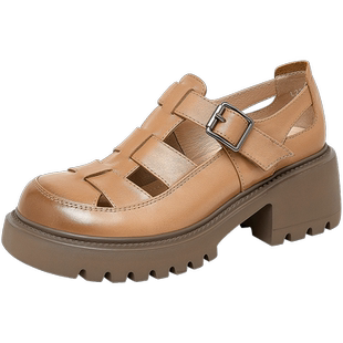 骆驼女鞋2026年夏季新款真皮猪笼鞋厚底小皮鞋包头编织罗马凉鞋女