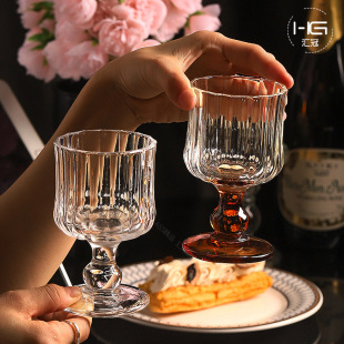 法式中古风高脚玻璃杯复古红酒杯果汁杯香槟杯葡萄酒杯ins饮品杯